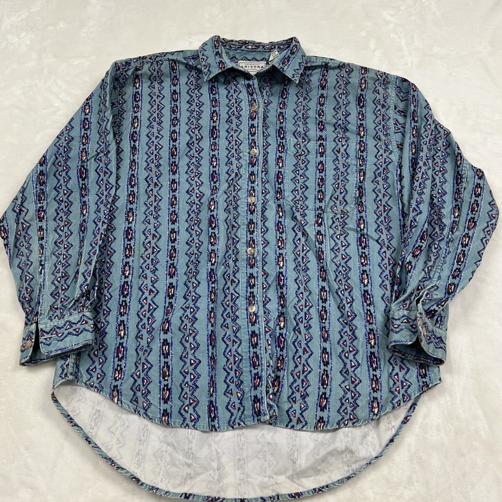 Arizona Jean Company Corduroy Shirt mens Small Blue Southwestern Tribal Print